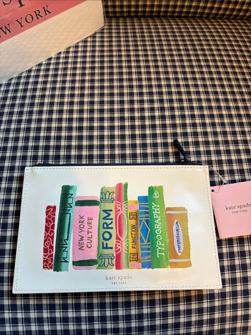 kate spade Cream Bookshelf pencil Pouch with Multicolor Book Spine Print